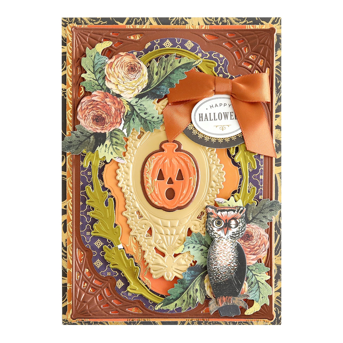 A halloween card with owls and flowers.