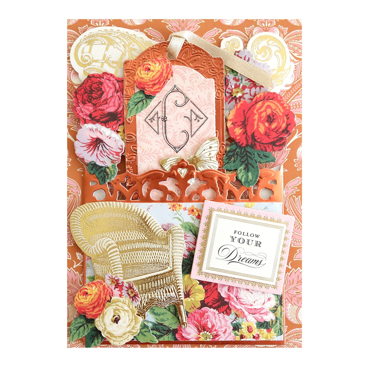 A card with flowers and a monogram on it.