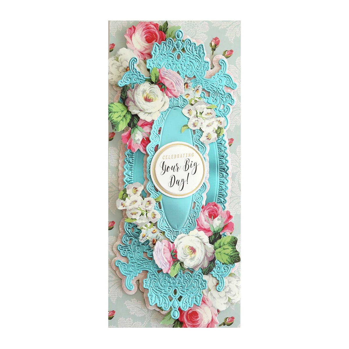 A blue and white card with flowers and a sentiment.