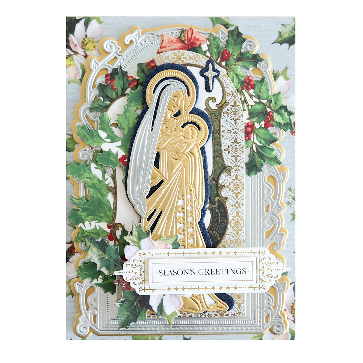 A christmas card with the image of the virgin mary.