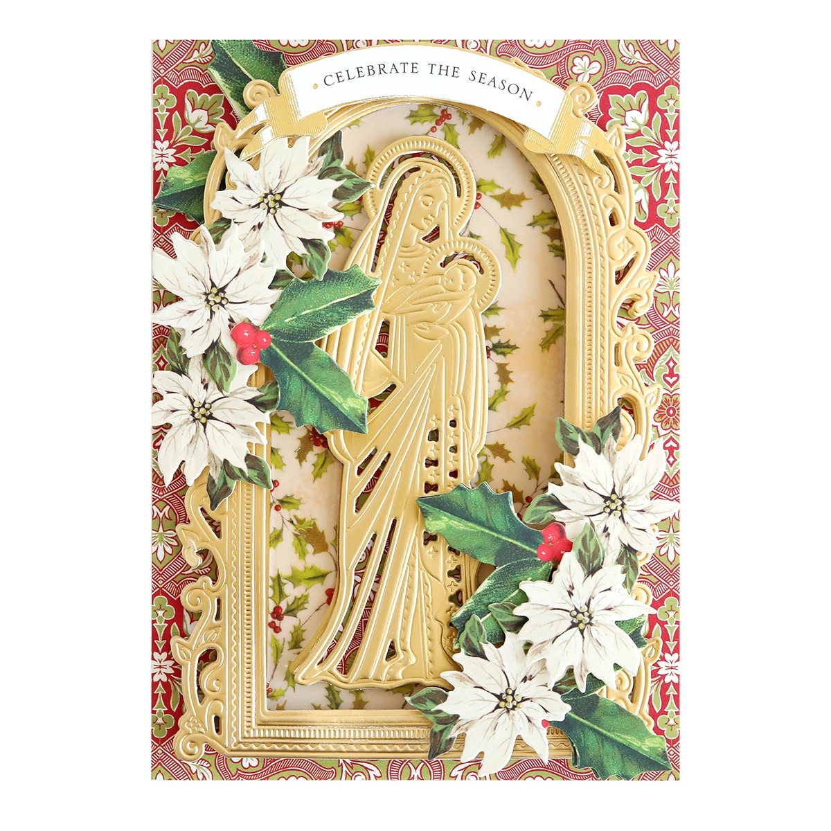 A card with the image of the virgin and holly.
