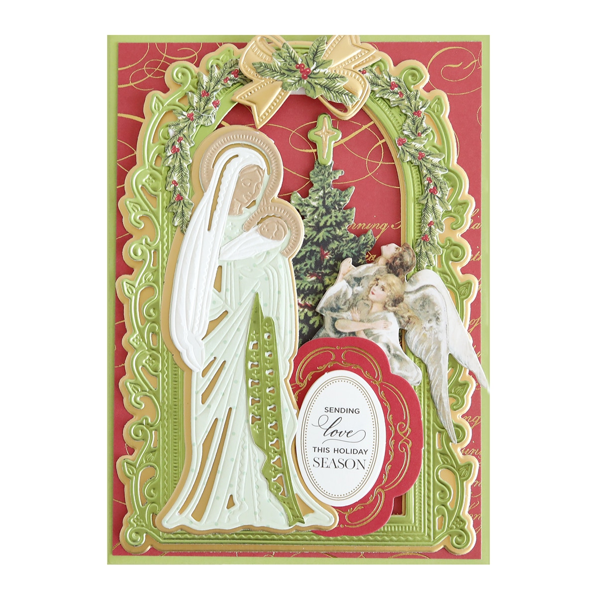 A christmas card with an image of the virgin mary.