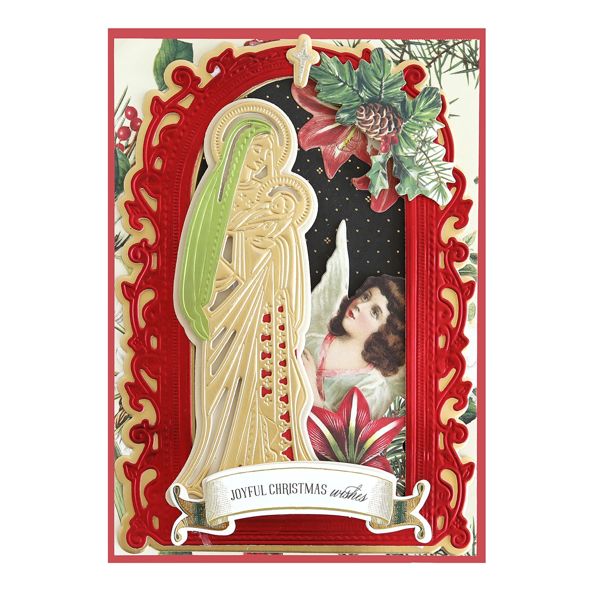 A christmas card with an image of the virgin mary.