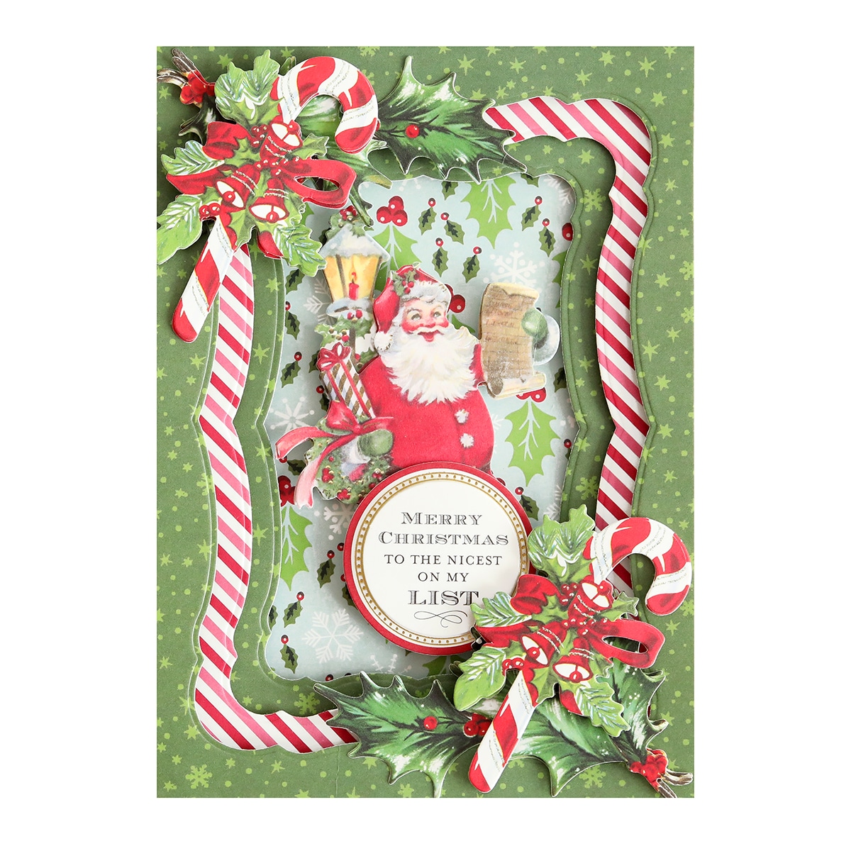 A christmas card with santa claus and candy canes.