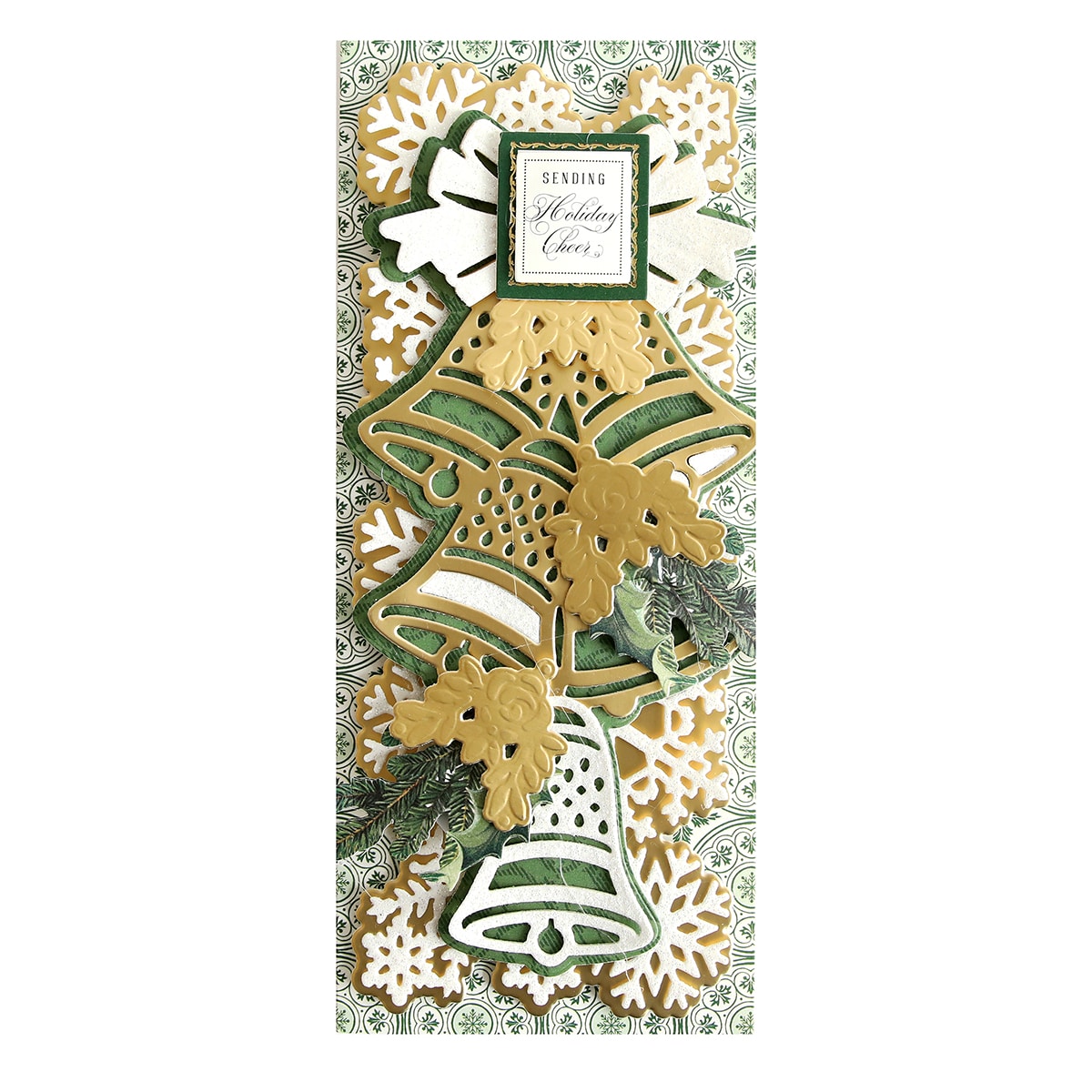 A christmas card with green and gold decorations.