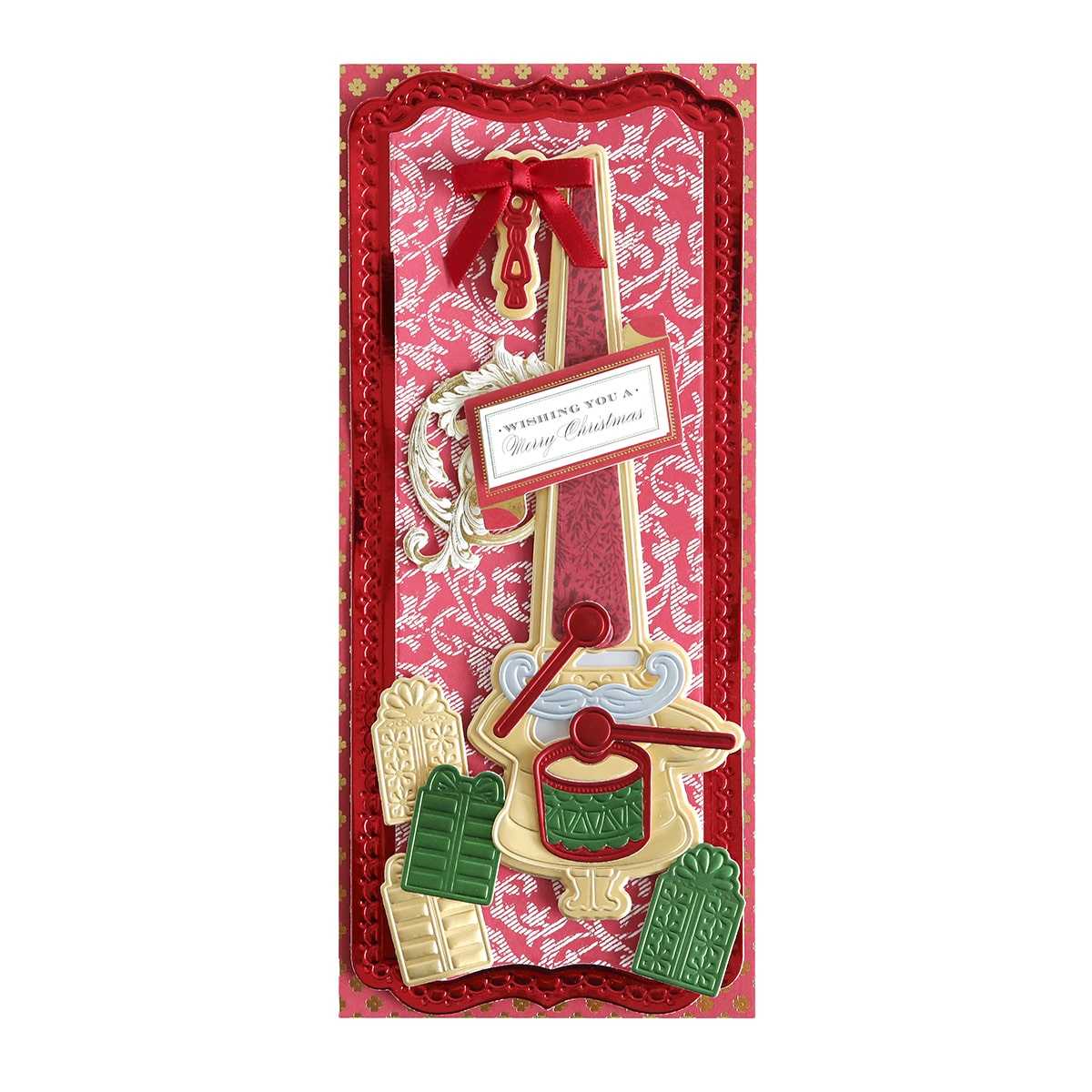 A christmas card with a red ribbon and decorations.