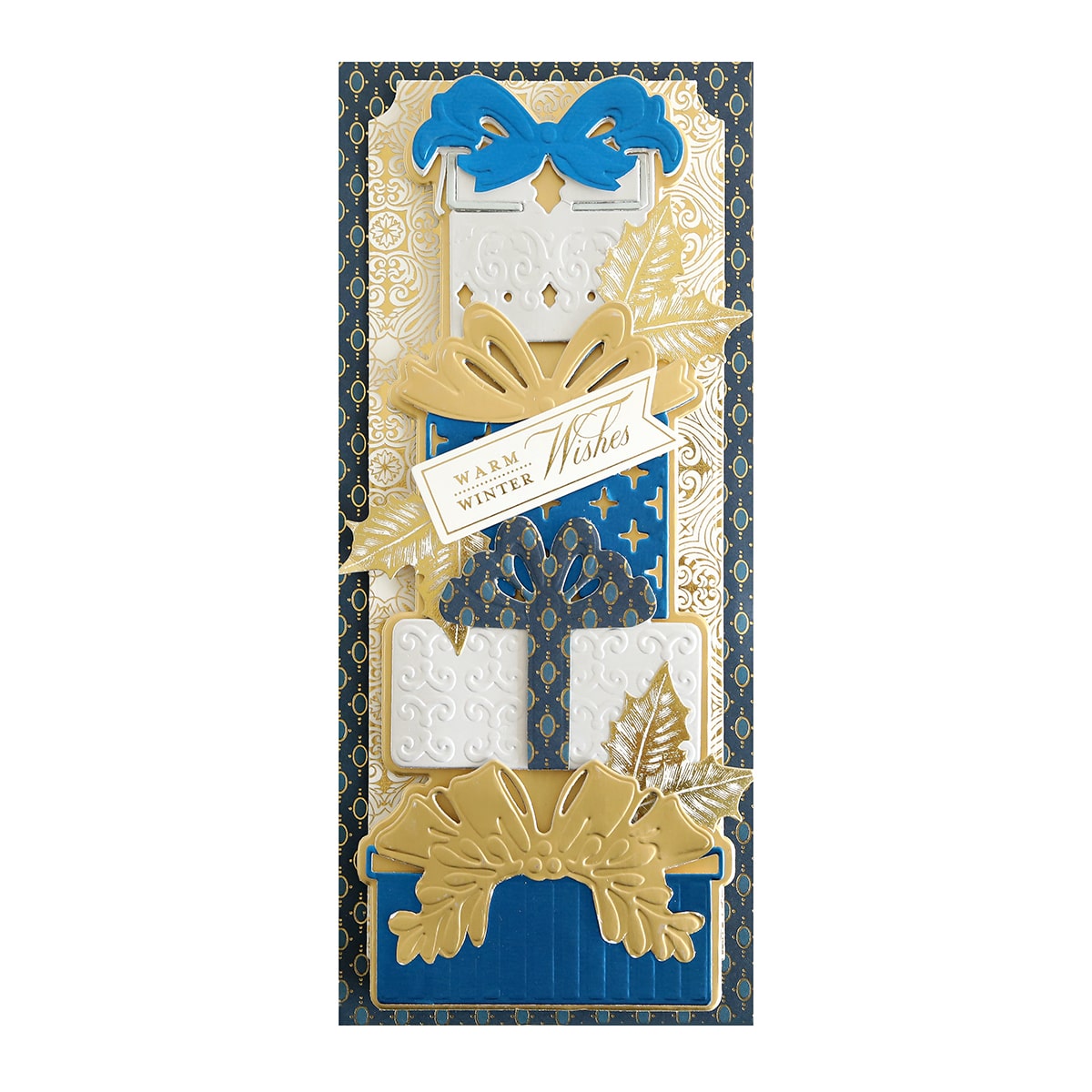 A blue and gold card with a bow on it.