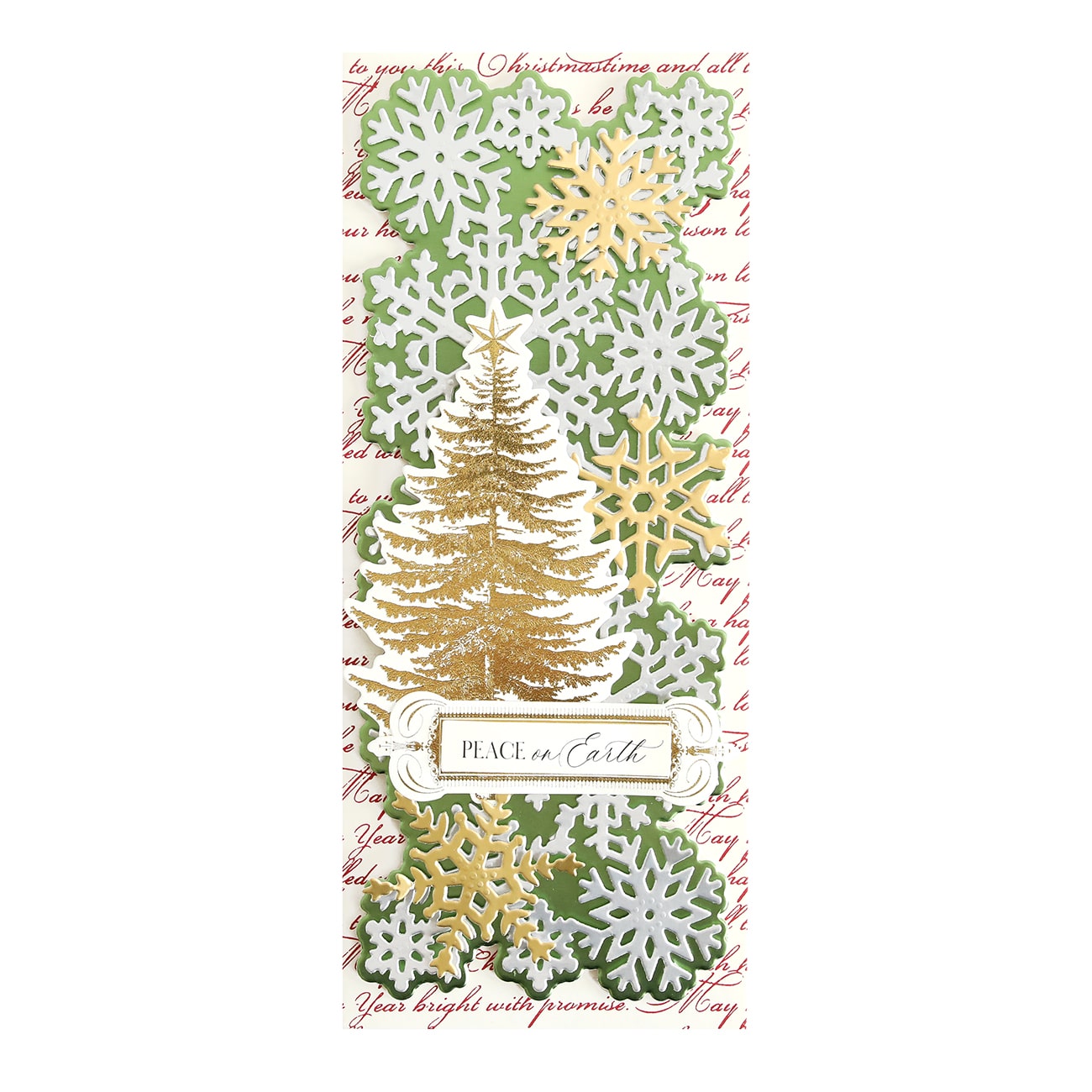 A card with a christmas tree and snowflakes on it.