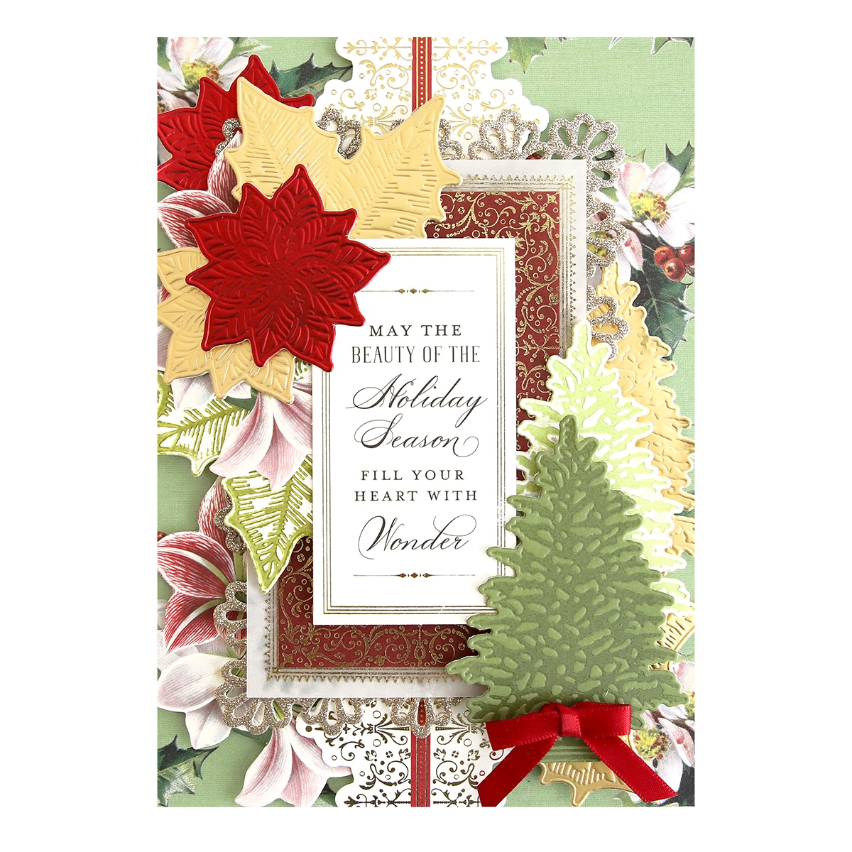 A christmas card with red and green decorations.