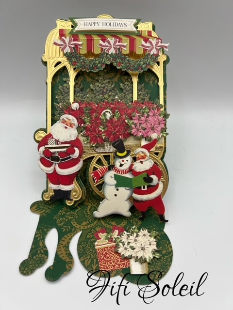 A christmas card with santa claus and santa's sleigh.