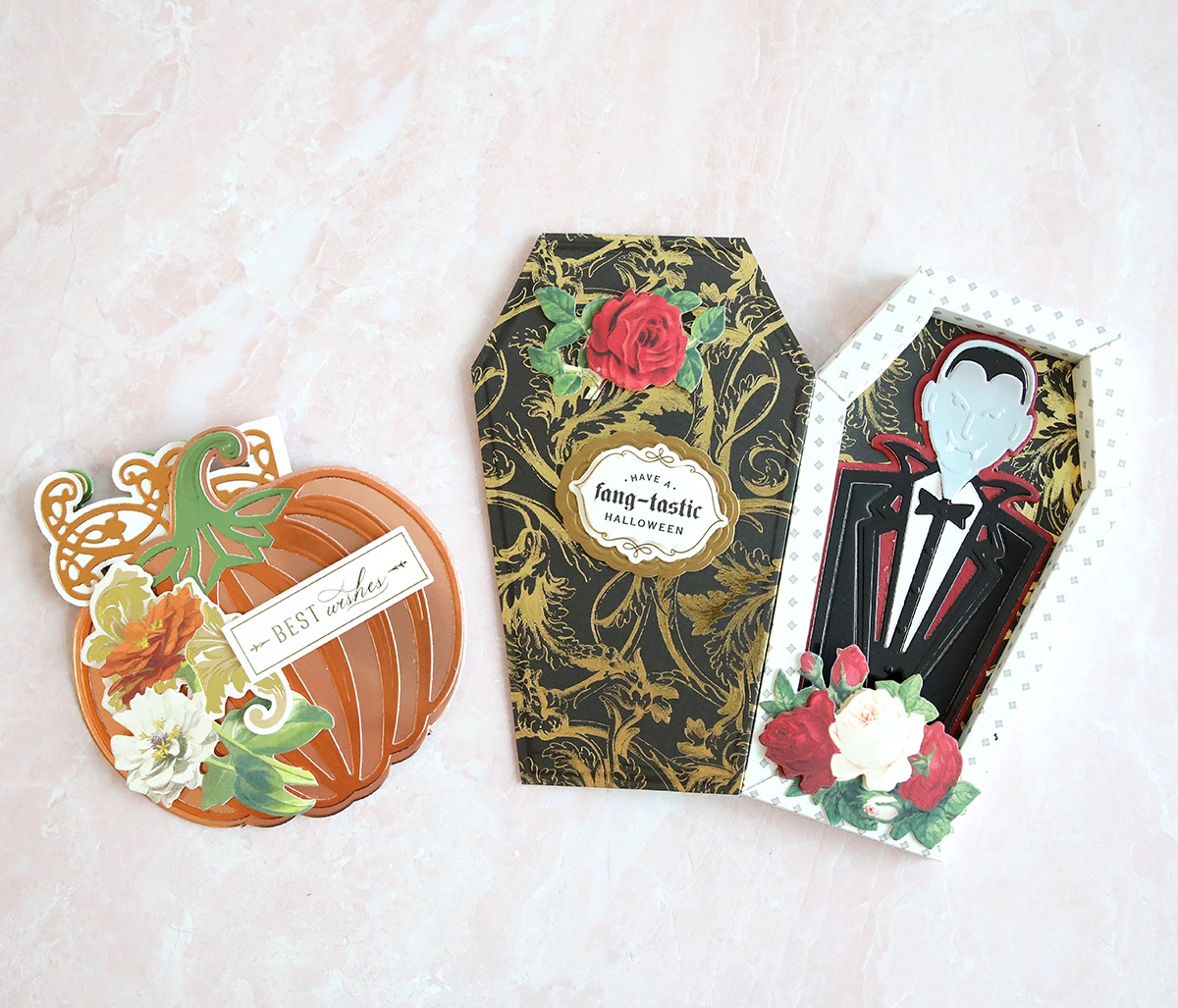 A set of halloween cards with a pumpkin and a coffin.