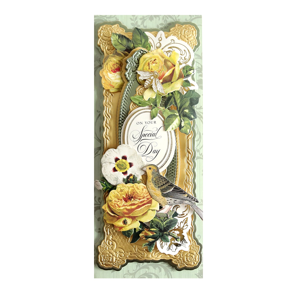 A card with a bird and flowers on it.