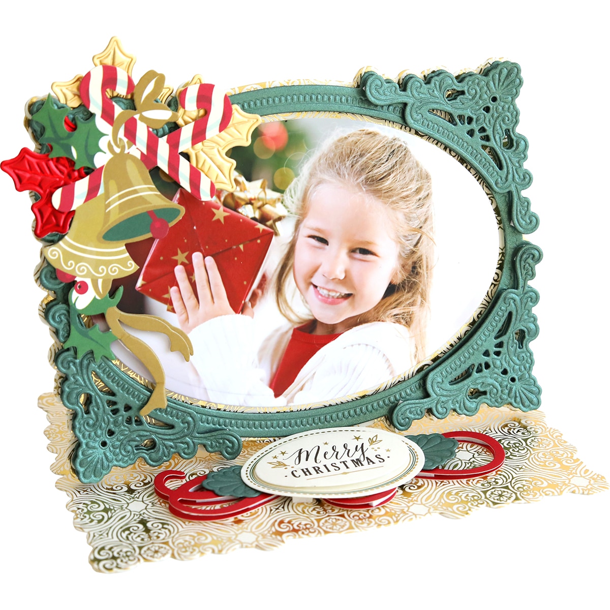 A christmas photo frame with a girl holding a photo.