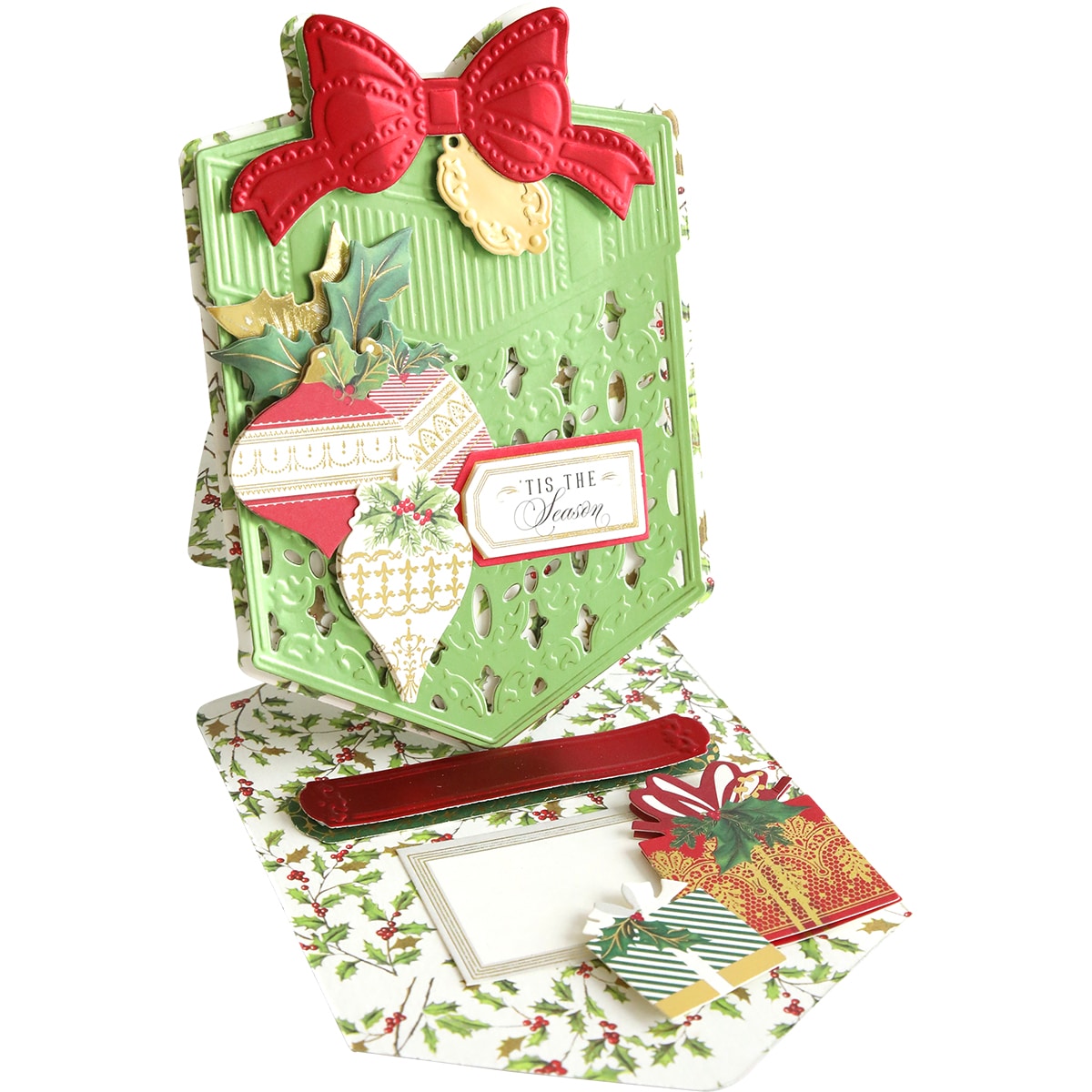 A christmas card with a bow and decorations.