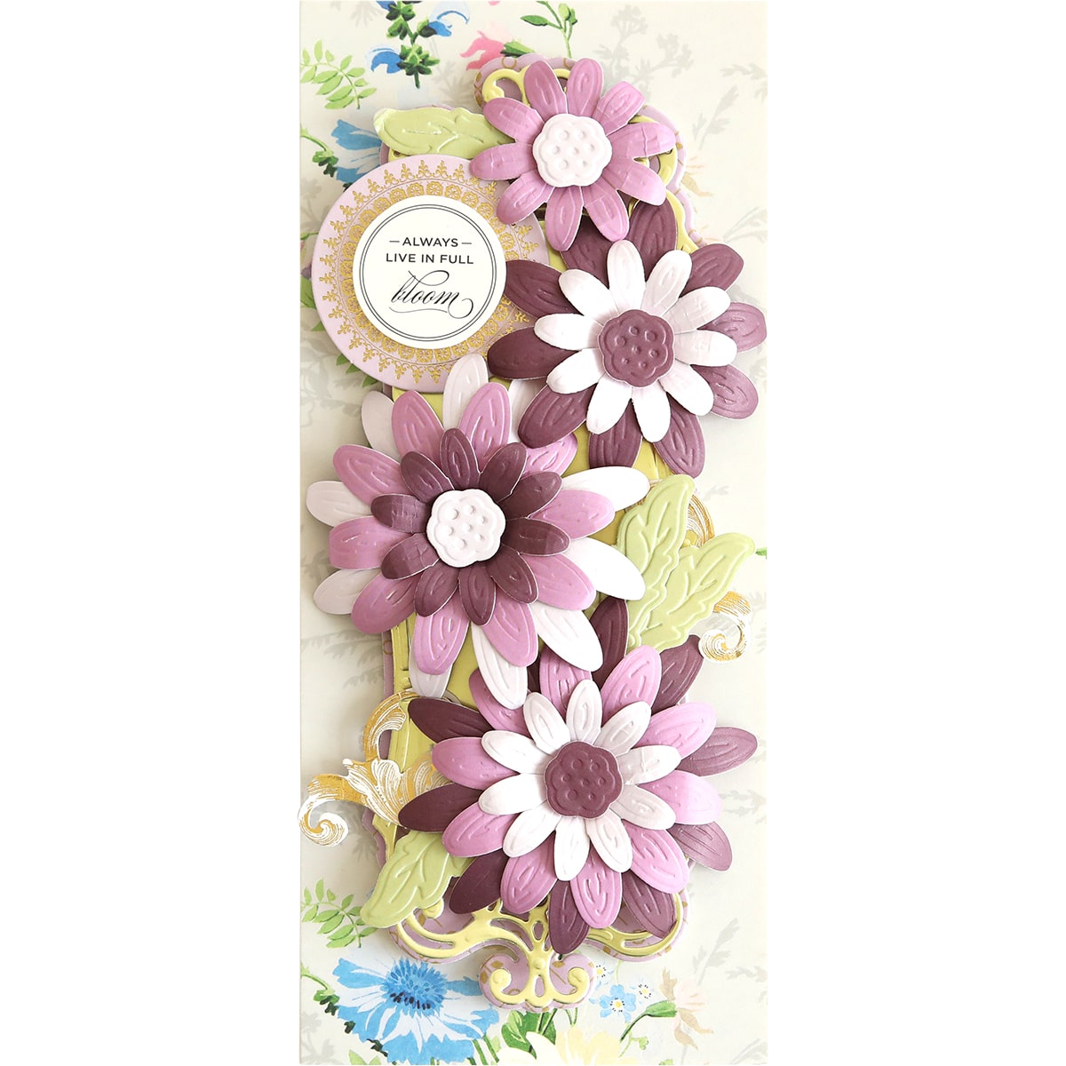 A card with purple and white flowers on it.