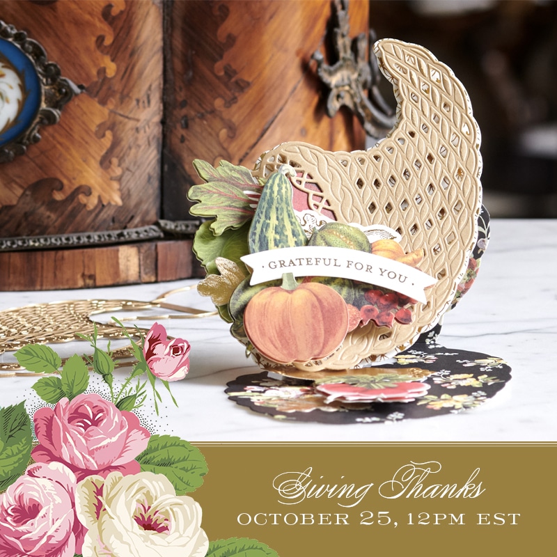 Thanksgiving card with roses and flowers on a table.