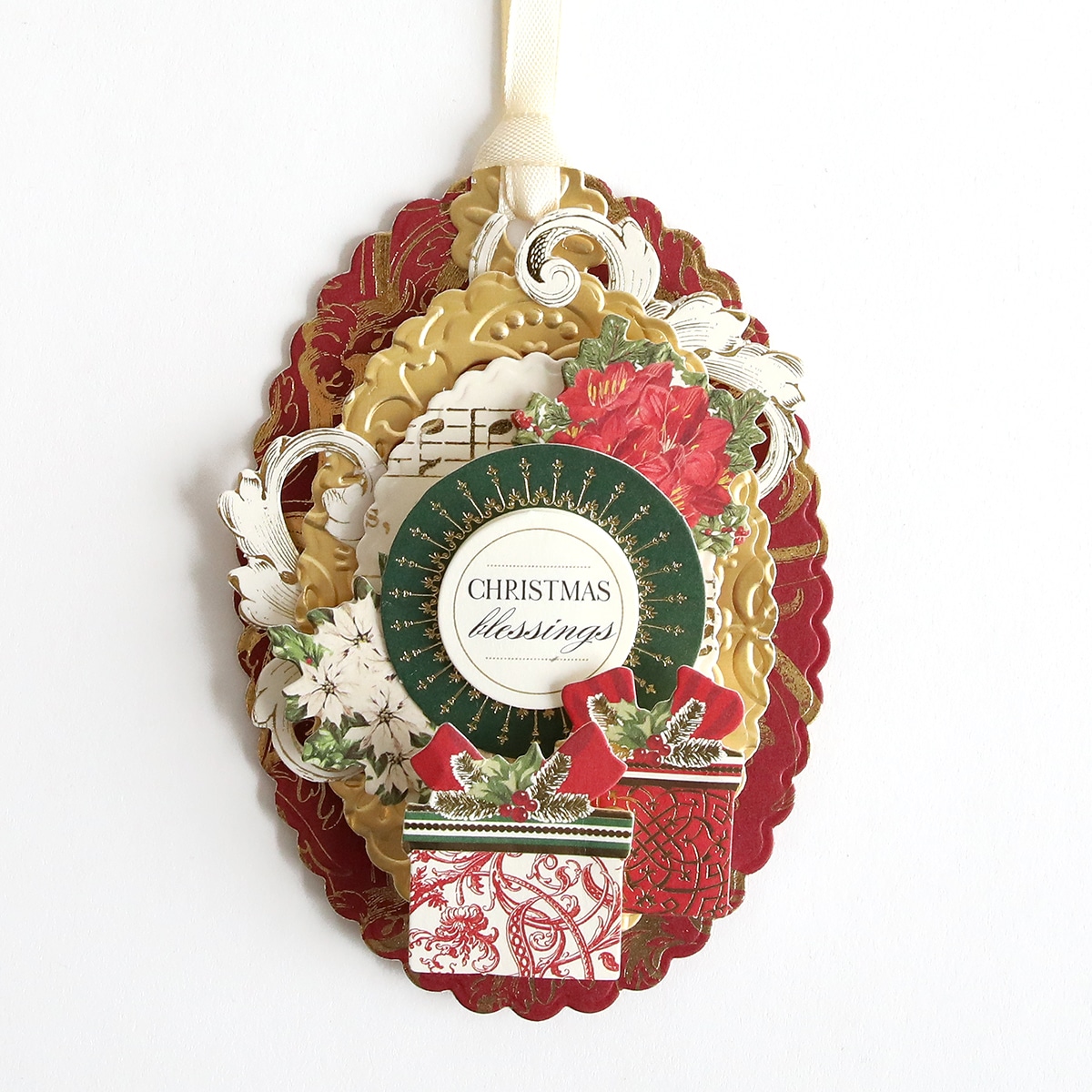 A christmas ornament hanging on a chain.