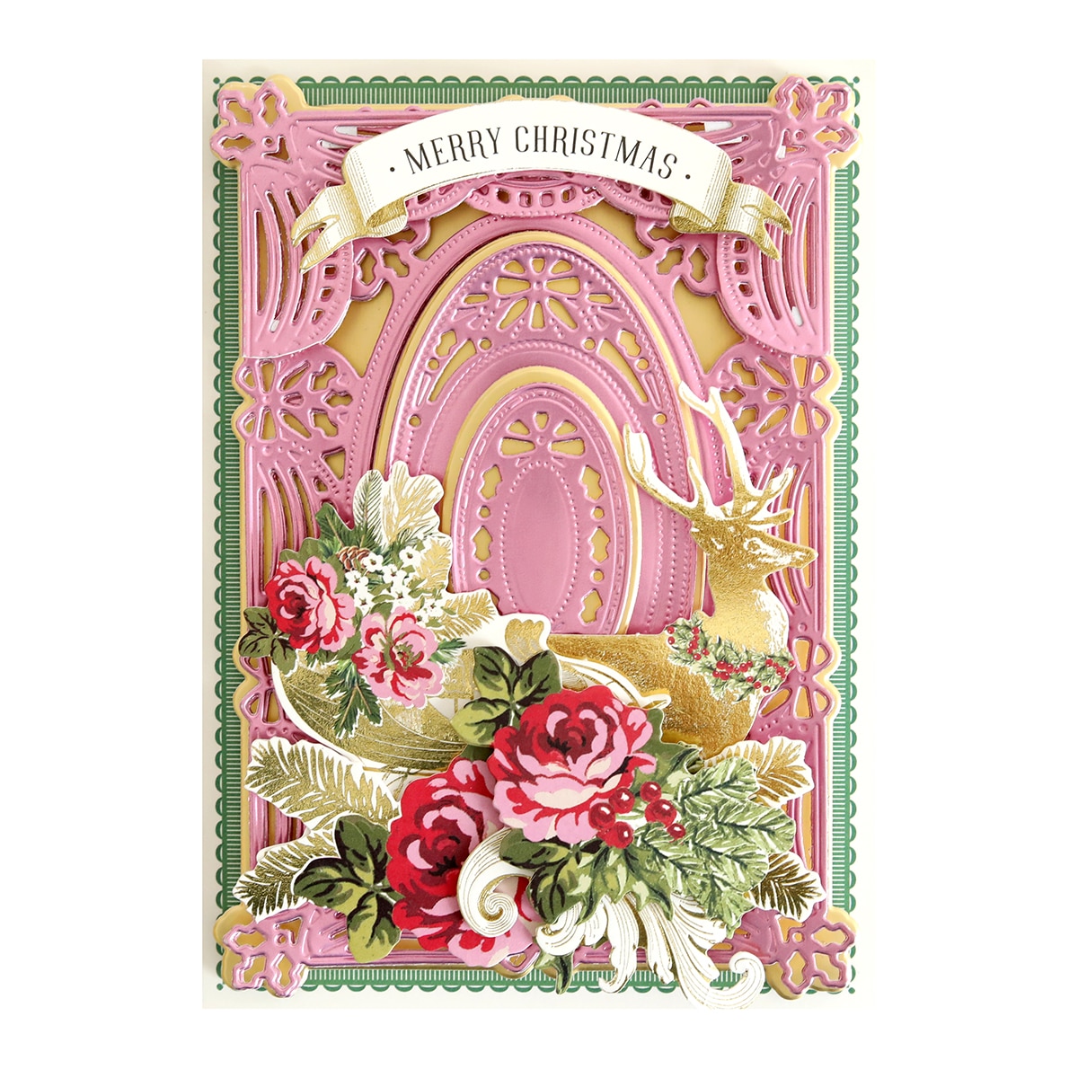 A pink and gold card with a deer and roses.