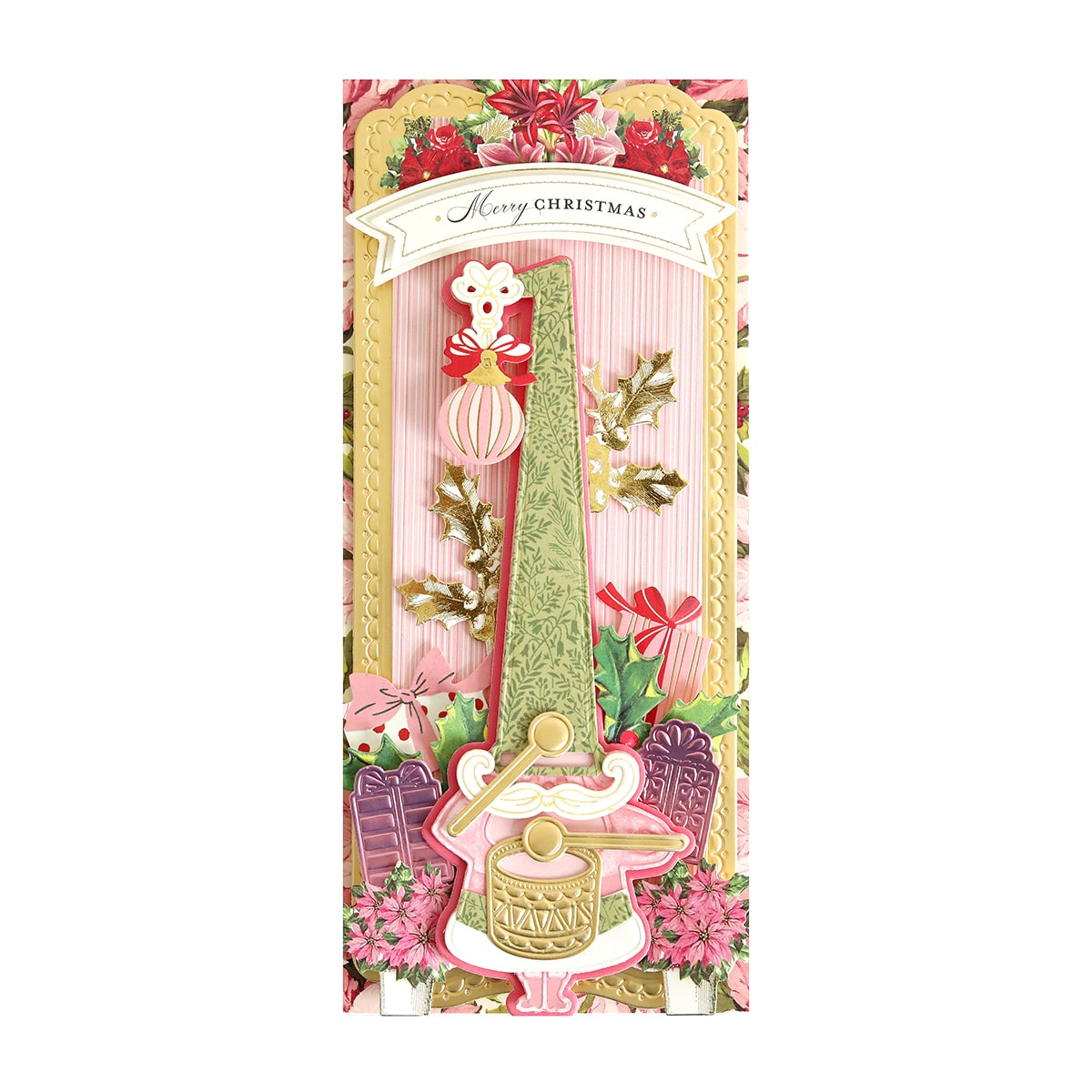A card with a pink and gold design on it.