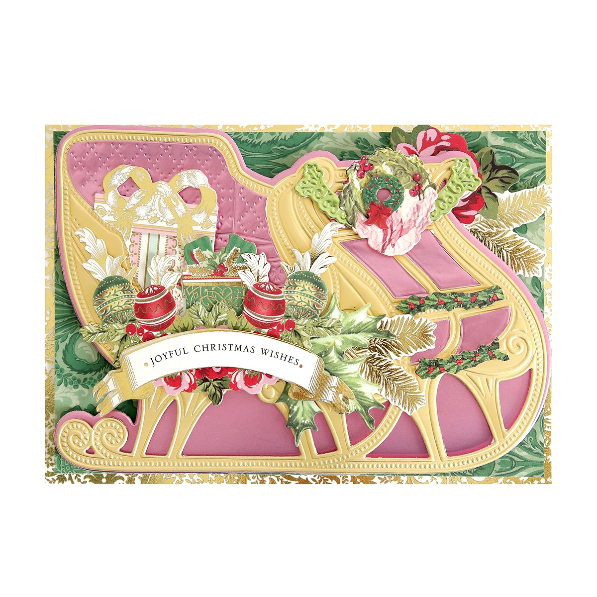 A christmas card with a sleigh and decorations.