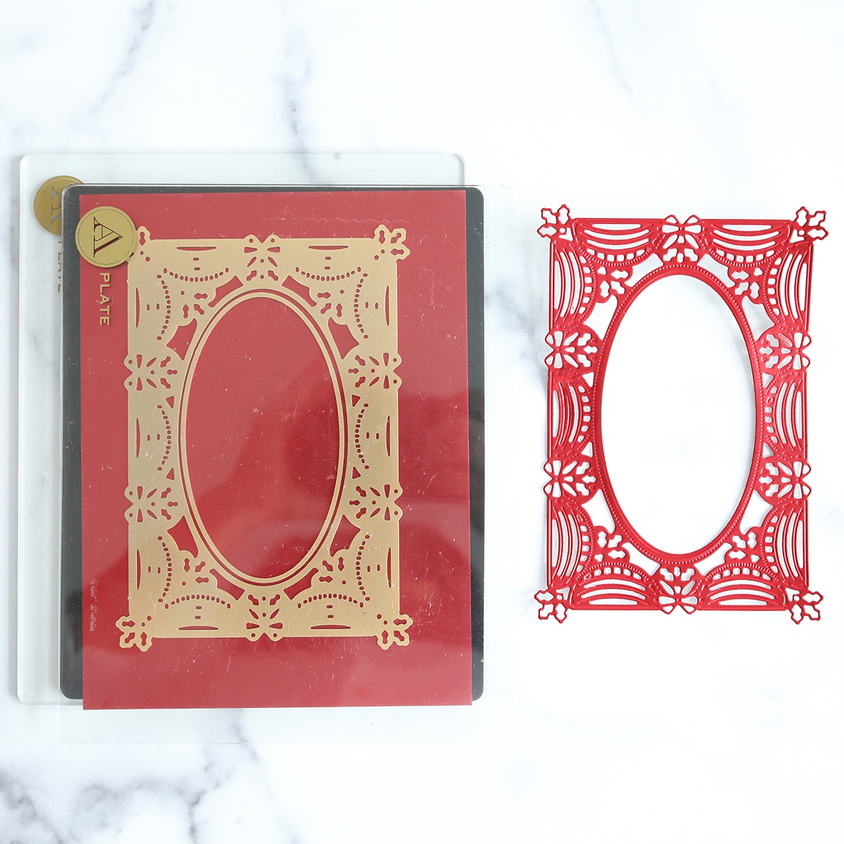 A red and gold frame with a gold frame.