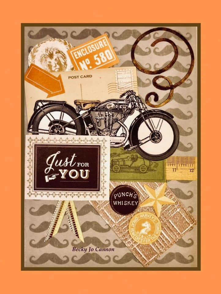 A poster with a motorcycle and other items on an orange background.