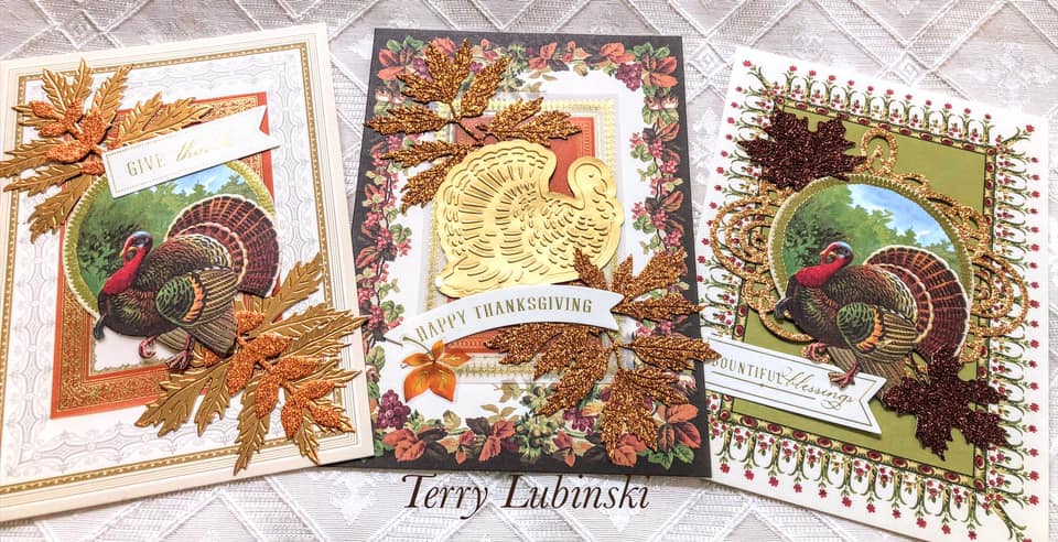 Three cards with turkeys and leaves on them.