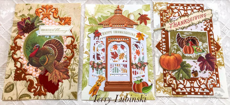 Three thanksgiving cards with leaves and turkeys on them.